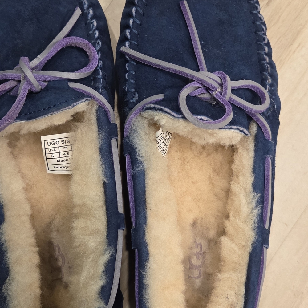 UGG Navy Suede Moccasins with Purple Trim